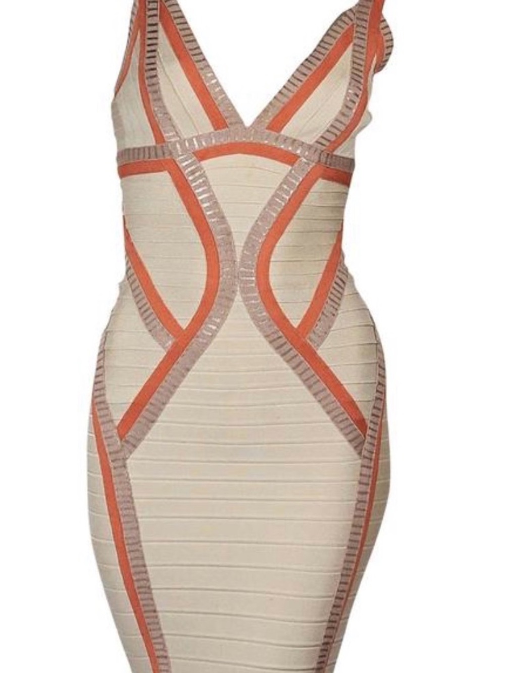 Y2K Herve leger Cream and Orange Bodycon V-Neck Dress